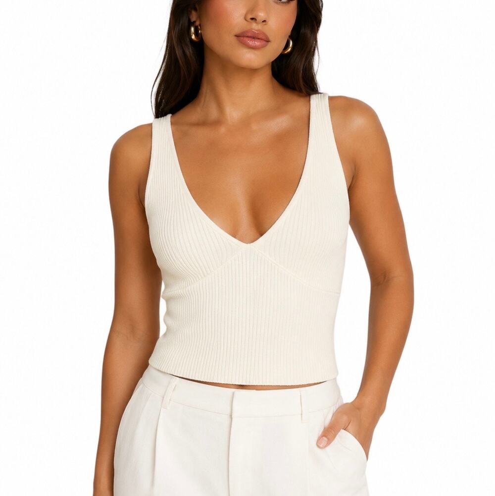 NWT MESHKI Natalya Ribbed Knit Crop Top Ivory Deep V Neck Stretch Tank Size S